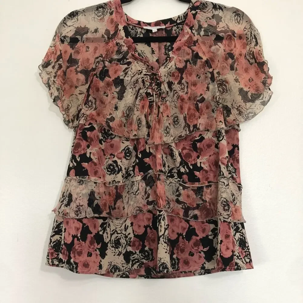 Lucky Brand Ruffled Rose Print Top Lace Up Tiered